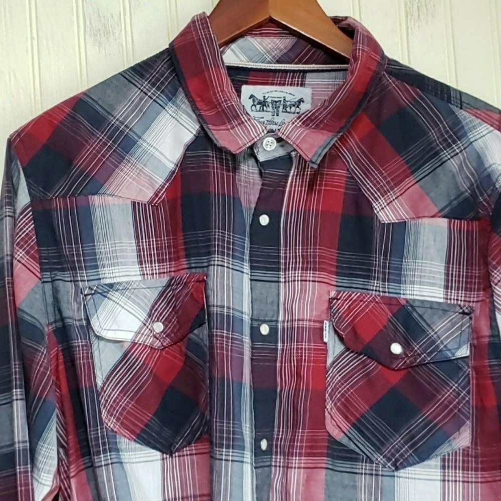 Levi Strauss & Co Shirt Mens Large Red Plaid Long Sleeve Western Snap Pockets